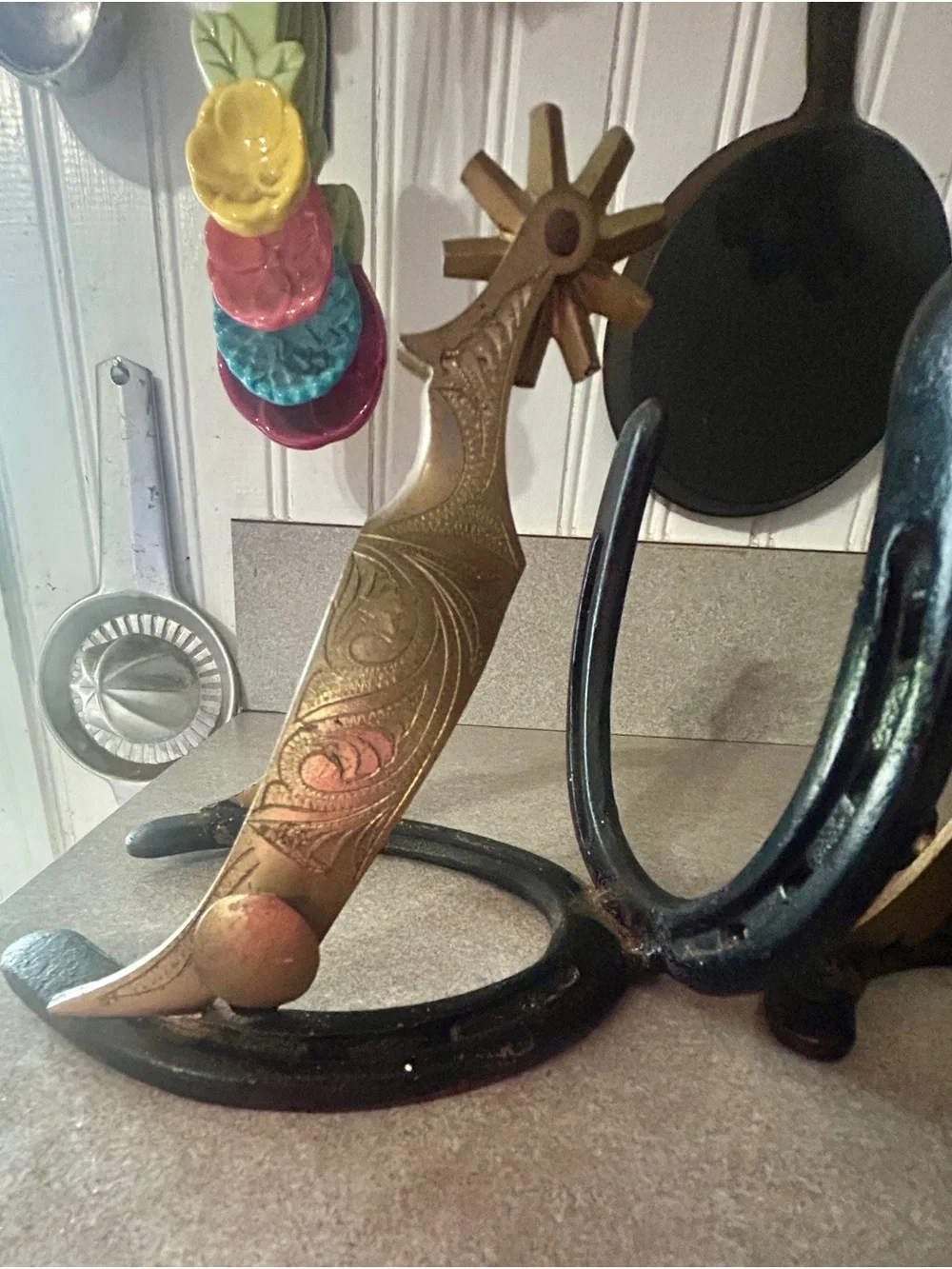 Cast Iron Horseshoe and Brass Spur Decorative Bookends - Black and Gold